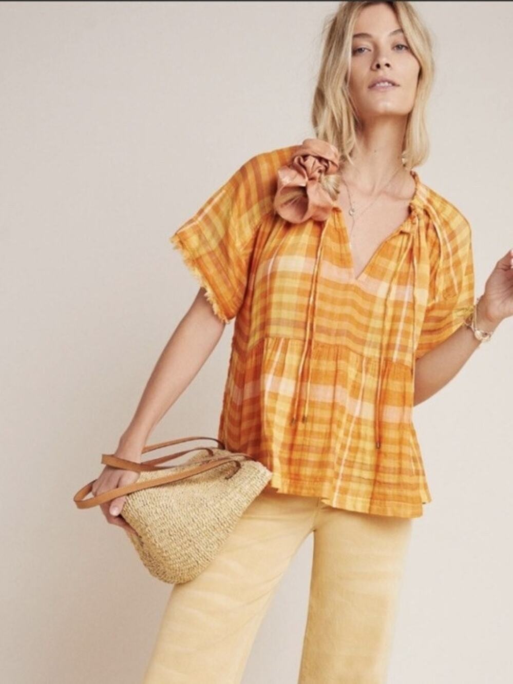 Pilcro Women's Orange Plaid Tie-Neck Peasant Top